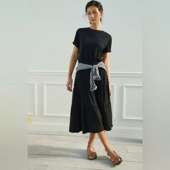 Nation LTD Dresses & Skirts - NATION LTD Martine Black Pima Cotton Midi Tiered Dress Size XS Preppy Casual